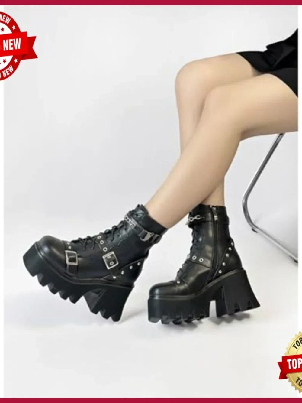Goth Platform Combat Booties Chunky Heel Lace Up Zip Punk Shoes